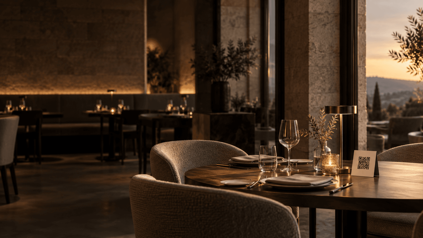 Warmly lit restaurant interior prepared for service
